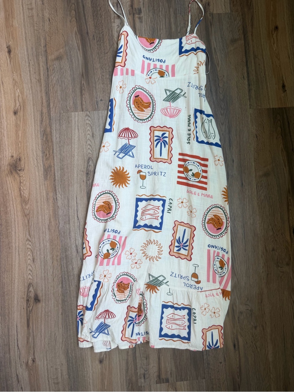 Summer Graphic Print Slip Dress in Cream with Coral & Blue Accents